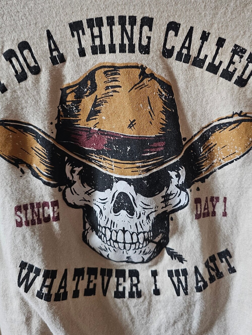 Beige graphic t-shirt is a Humor Men's Cowboy Skull tee XL